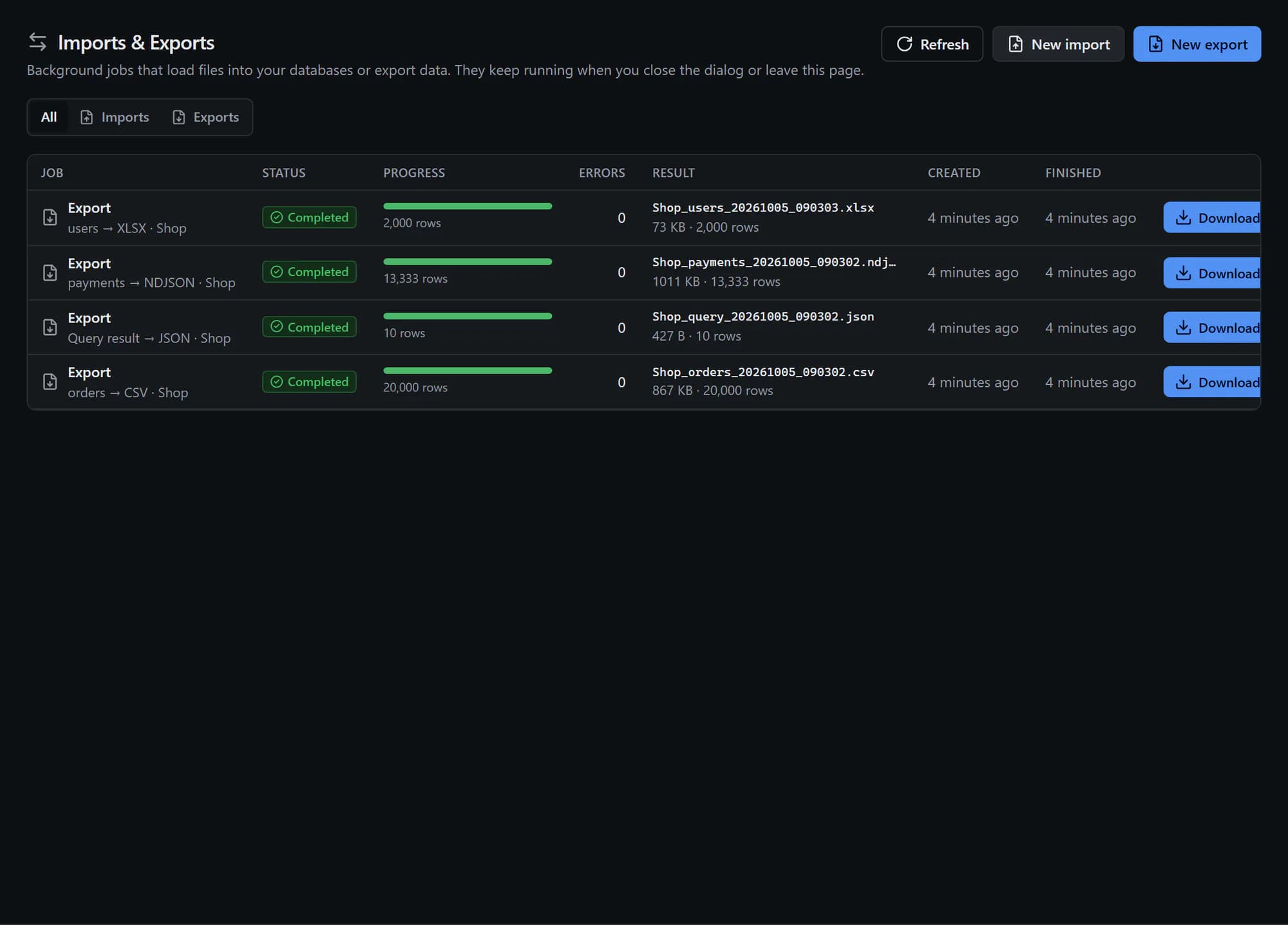 DBHub imports & exports: move data in and out in the background.