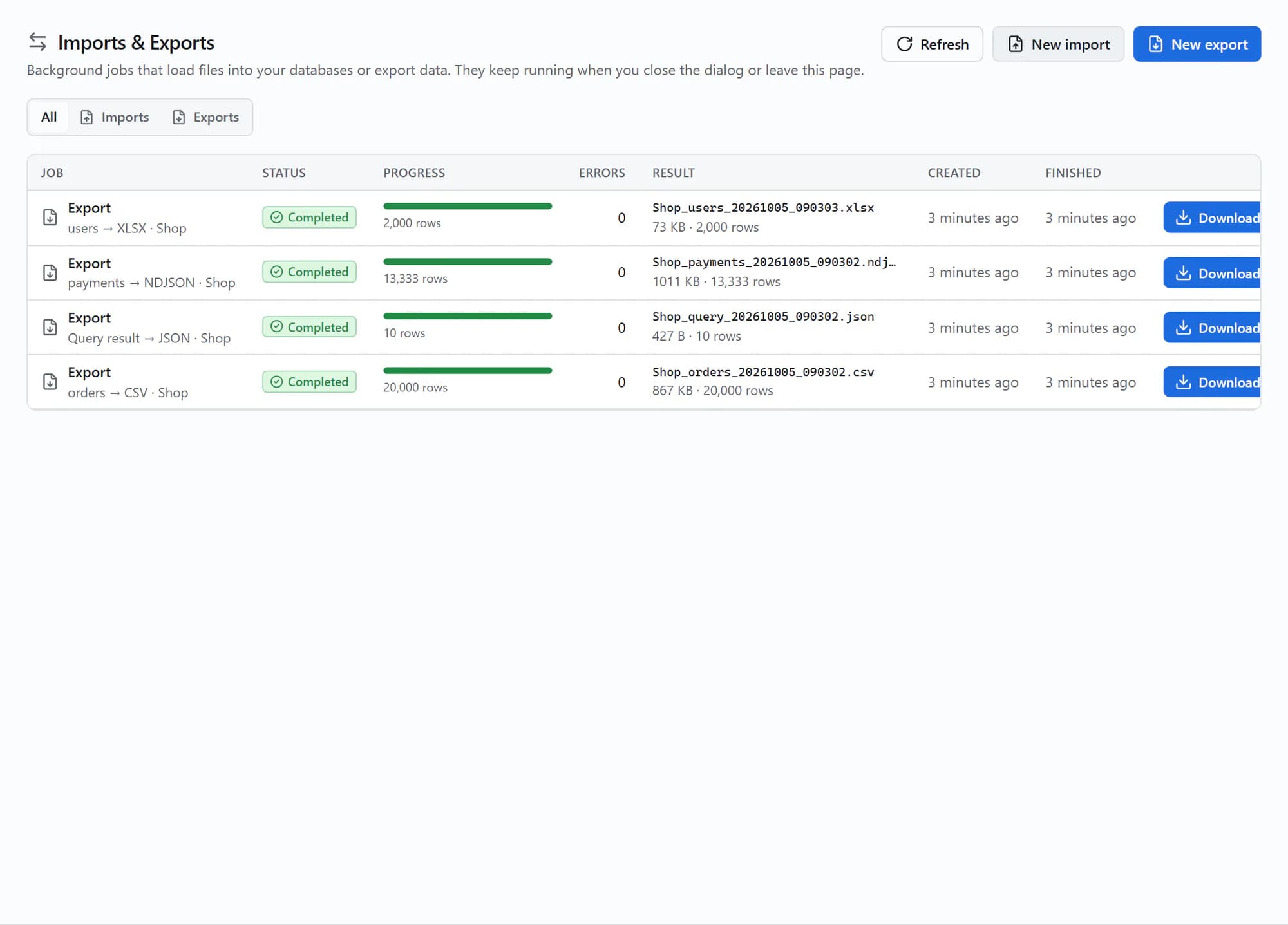 DBHub imports & exports: move data in and out in the background.